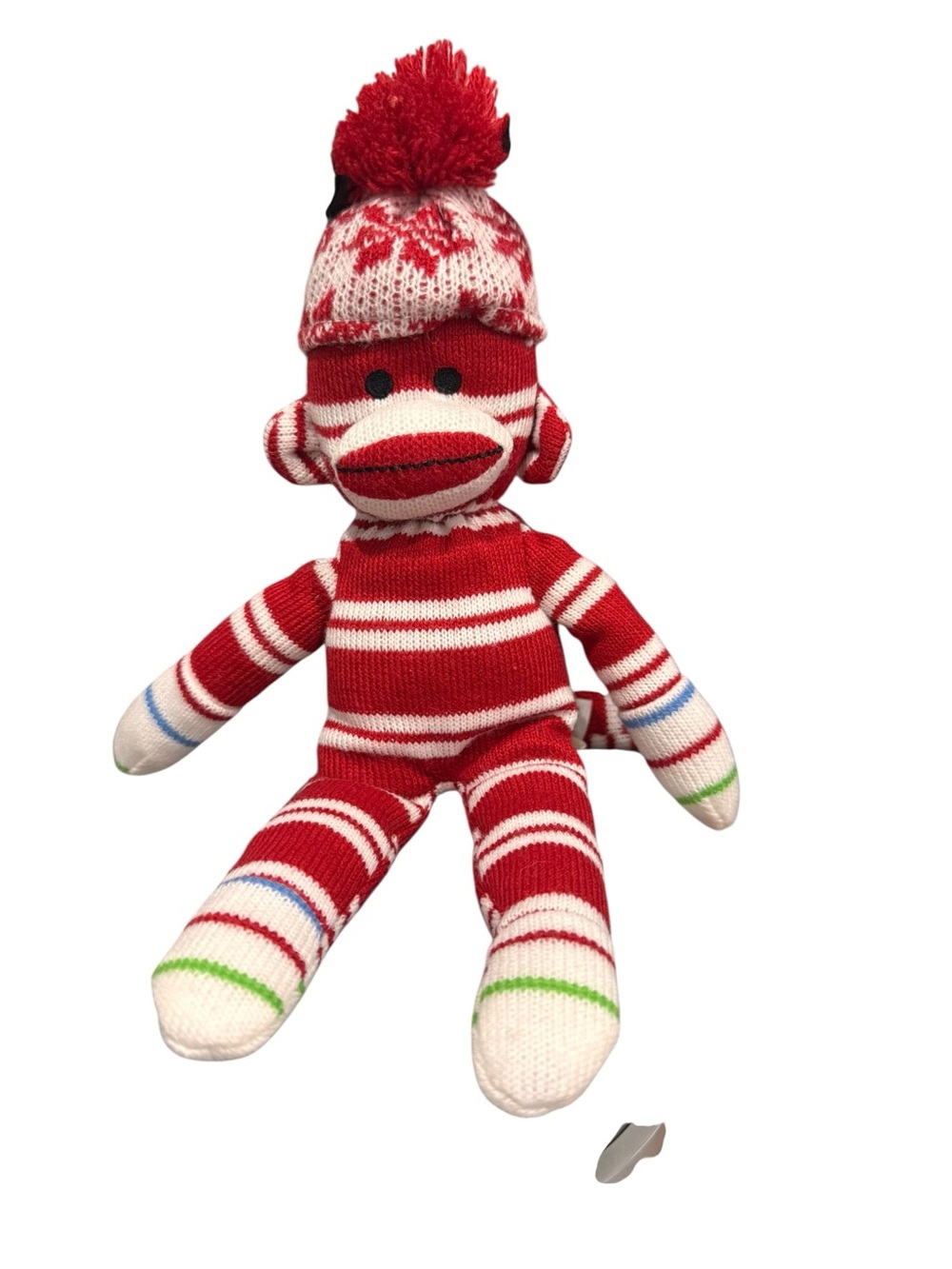 Red Striped Sock Monkey Plush Toy with Pom-Pom Hat - Kids Toy